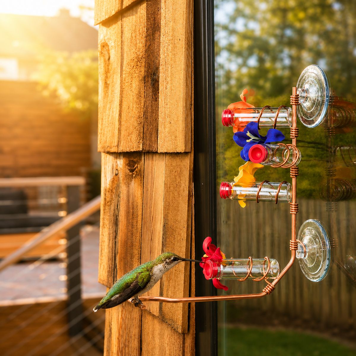 A hummingbird feeder mounted on a glass window with suction cups, shown with a small green hummingbird perched on the feeder in an outdoor backyard setting at sunset. A unique gift of window hummingbird feeder for outdoors.