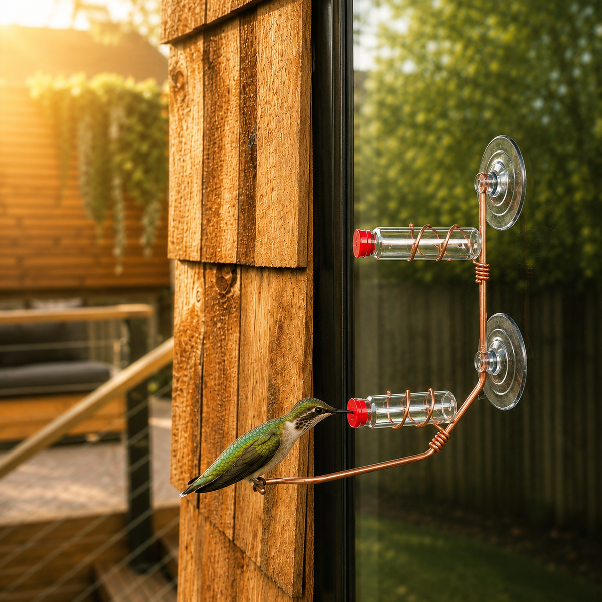 A small green bird perched on a copper wire feeder mounted to a wooden fence with suction cups. The feeder has two clear glass seed containers with red caps, set against a warm outdoor backyard scene with trees and a house in soft focus. A unique gift of window hummingbird feeder for outdoors.