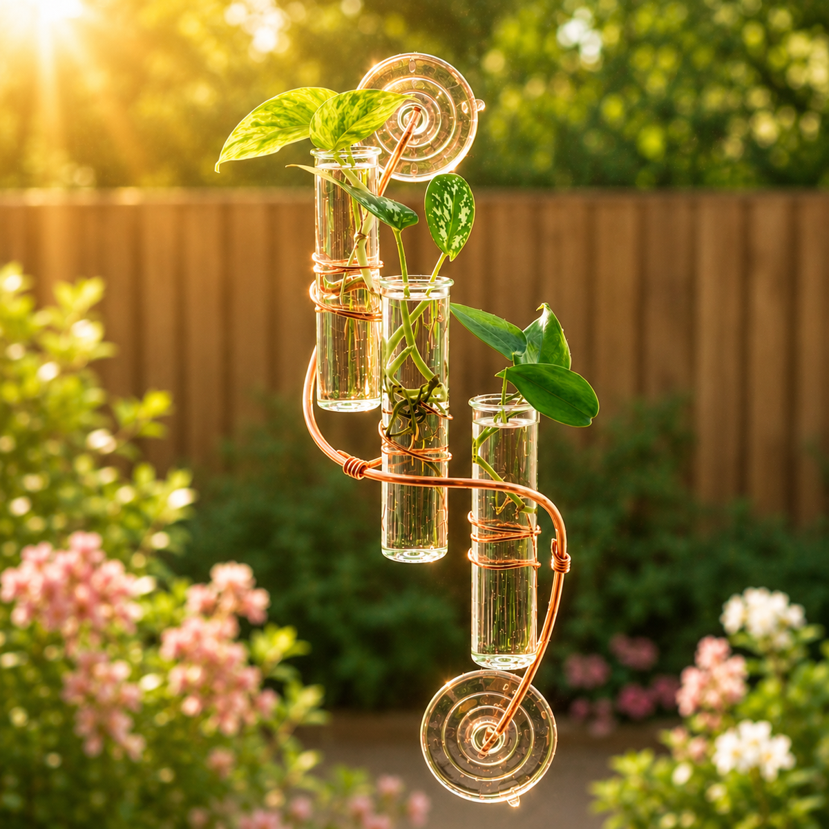 A copper window plant propagator with three clear glass tubes attached to a copper structure, with plants growing inside them, mounted to a window.