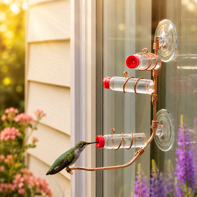 A hummingbird feeder mounted on a glass window with suction cups and copper wire supports, shown with a small green hummingbird perched on the feeder.  A unique gift of window hummingbird feeder for outdoors.