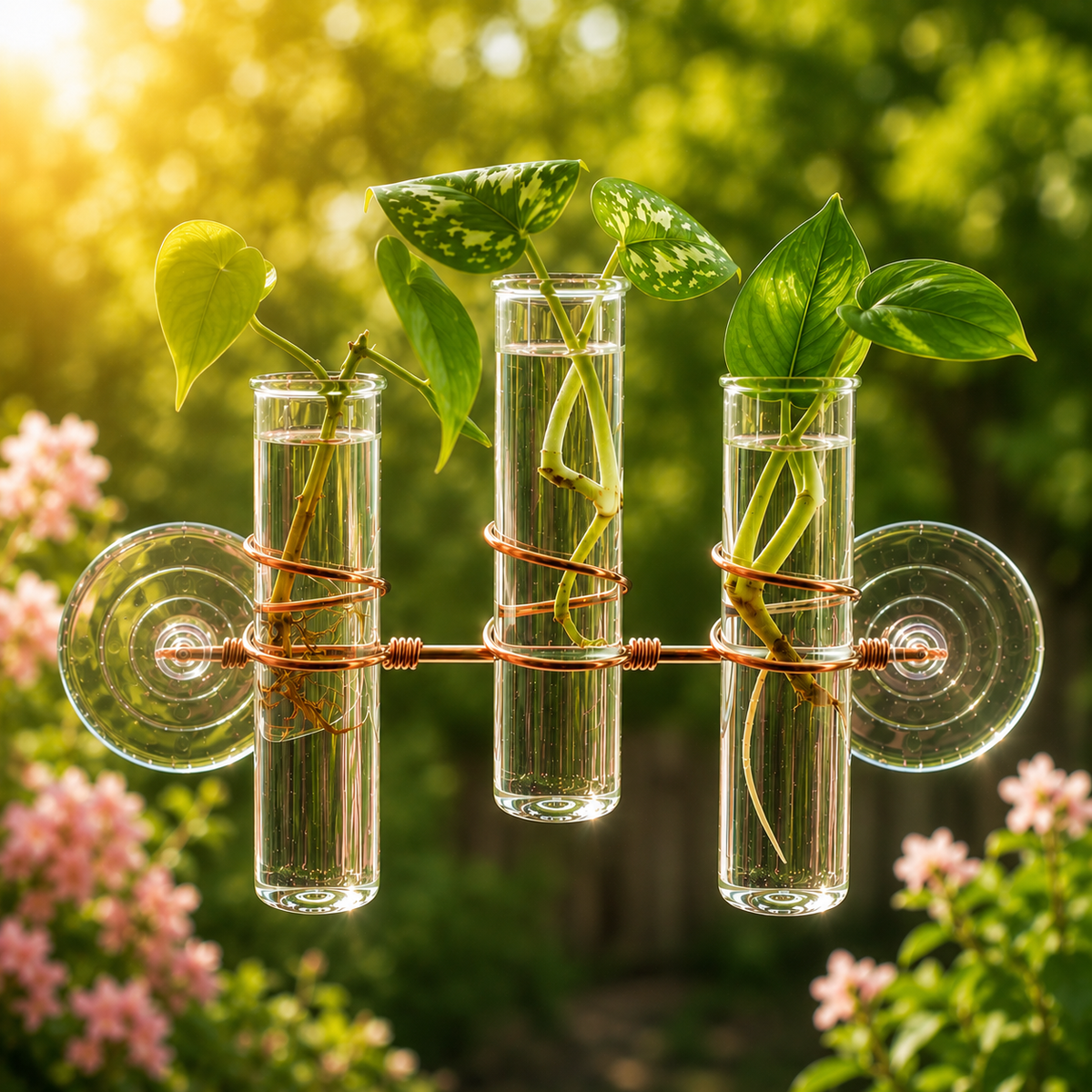 A copper window plant propagator with three clear glass tubes containing water and plants, mounted on a window with a blurred outdoor background.