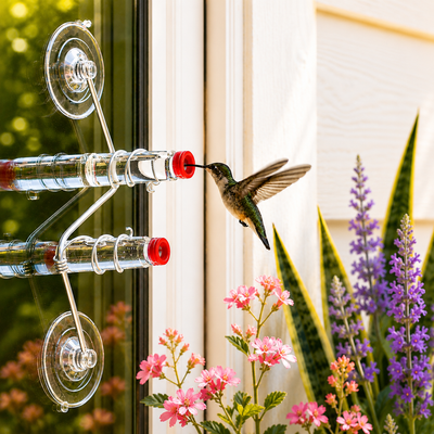 A hummingbird feeder mounted on a window with two clear suction cups and two clear tubes with red caps, shown with a hummingbird feeding and pink and purple flowers in the foreground. A unique gift of window hummingbird feeder for outdoors.
