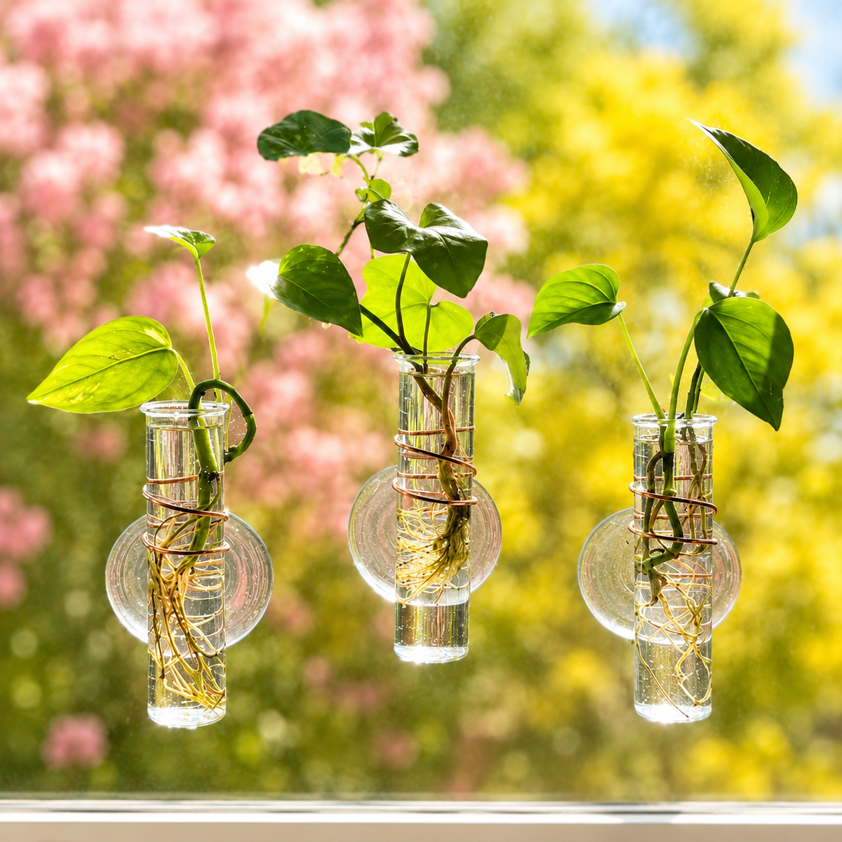 Three clear glass hanging planters with glass vases, each holding a green leafy plant in water, arranged side by side against a bright, blurred outdoor background of pink and yellow flowers.