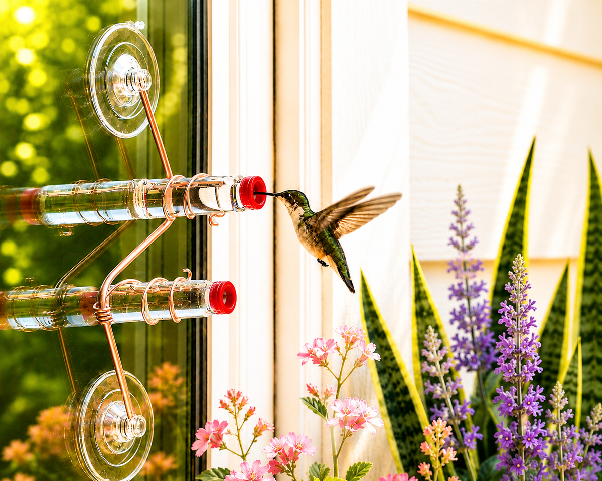 A hummingbird feeder with two clear glass tubes and red tips, mounted on a window with suction cups. A hummingbird is shown drinking from the top tube, with a bright garden background featuring green plants and purple flowers. A unique gift of window hummingbird feeder for outdoors.